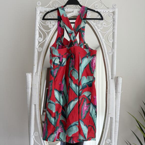 Farm Rio Dress XL Red Floral 100% Linen Tropical Summer Foliage Mini Resort - Picture 5 of 13
